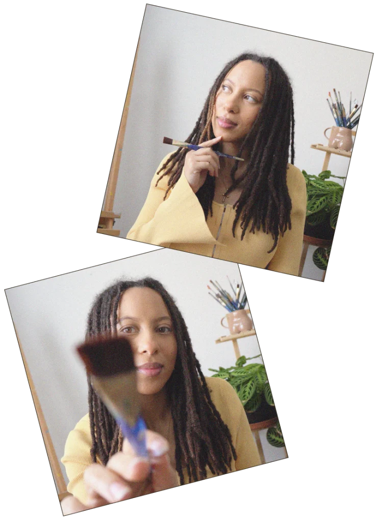 Collage photos of Elle Knight in yellow with paint brush looking off to the right and painting.